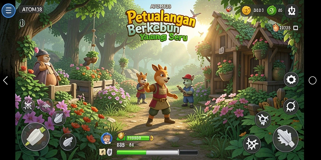 Tangkapan layar gameplay ATOM138 dengan aktivitas berkebun yang seru.