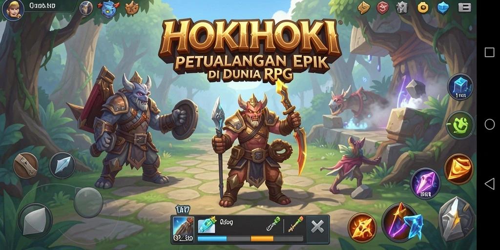 Screenshot utama HOKIHOKI menampilkan pertempuran epik di dunia fantasi.