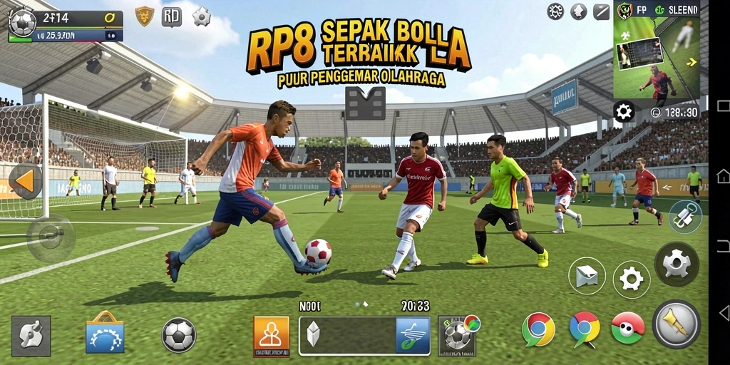 Screenshot utama RP8 menampilkan aksi sepak bola yang mendebarkan.