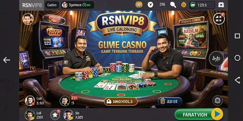 Screenshot gameplay RSNVIP8 menampilkan dealer langsung dan suasana kasino yang mendebarkan.
