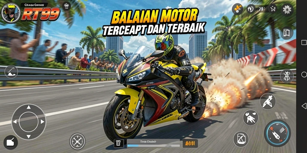 Screenshot gameplay RT99 menampilkan balapan motor yang intens dan mendebarkan.