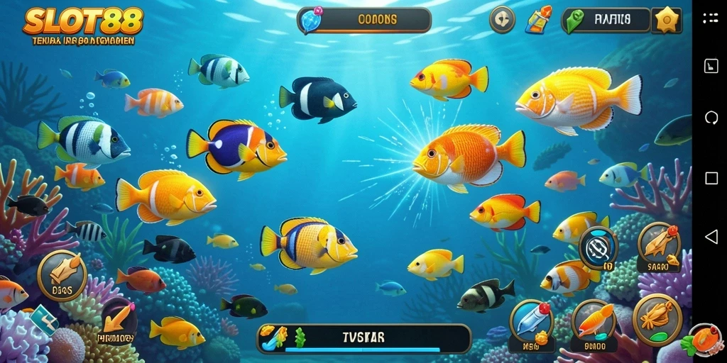 Screenshot gameplay SLOT88 menampilkan keseruan menembak ikan.